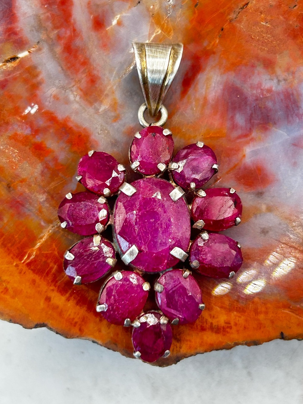 Vintage Sterling Silver Pendant with Natural Rubies